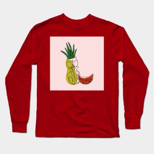 One line art style potted aloe plant and watermelon Long Sleeve T-Shirt